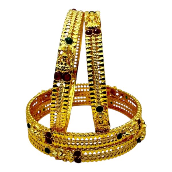 Gold Bangles- Lakshmi Design- Plain And Ruby Color Stones- 4 Bangles Set. Product Code:  V-1430 - Image 2