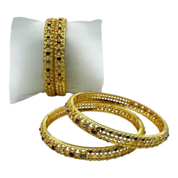 Gold Unique Design- Plain And Pink Stones- 4 Bangles Set. Product Code:  V-1431 - Image 2