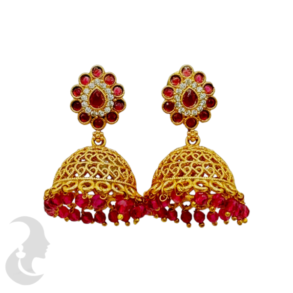 Gold Jhumka- Pink & White Stones, Product Code: V-1060