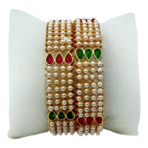 Gold Bangles- Red, Green Color And Pearl Stones- 2 Bangles Set. Product Code:  V-1434