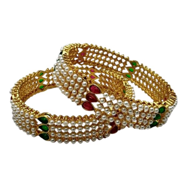 Gold Bangles- Red, Green Color And Pearl Stones- 2 Bangles Set. Product Code:  V-1434 - Image 2