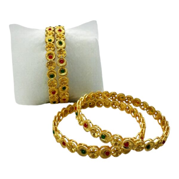 Gold Bangles- Red And Green Color Stones- 4 Bangles Set. Product Code:  V-1435