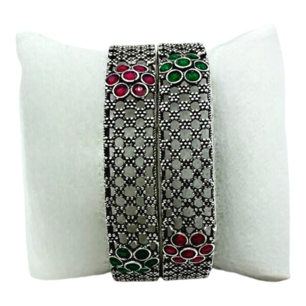 Black Silver- Flower Design- Ruby Color And Green Color Stones- 2 Bangles Set. Product Code:  V-1436