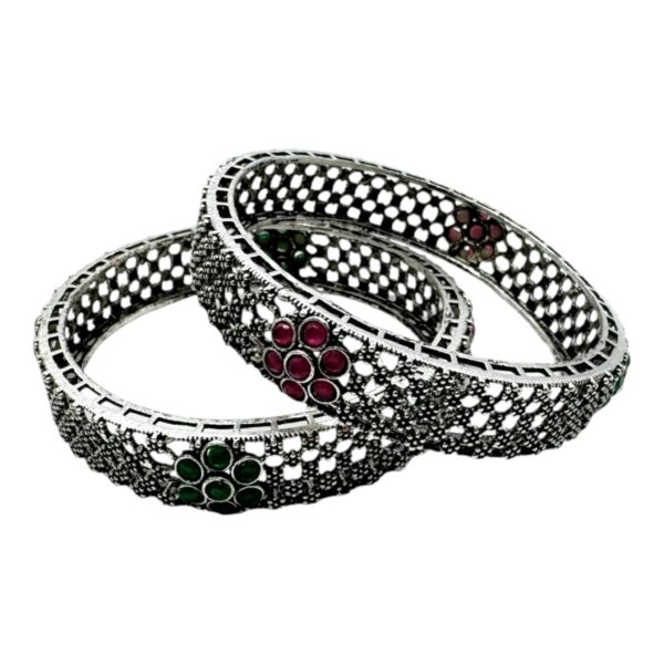 Black Silver- Flower Design- Ruby Color And Green Color Stones- 2 Bangles Set. Product Code:  V-1436 - Image 2