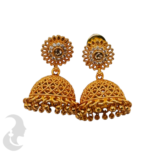 Gold Jhumka- White Stones, Product Code: V-1061