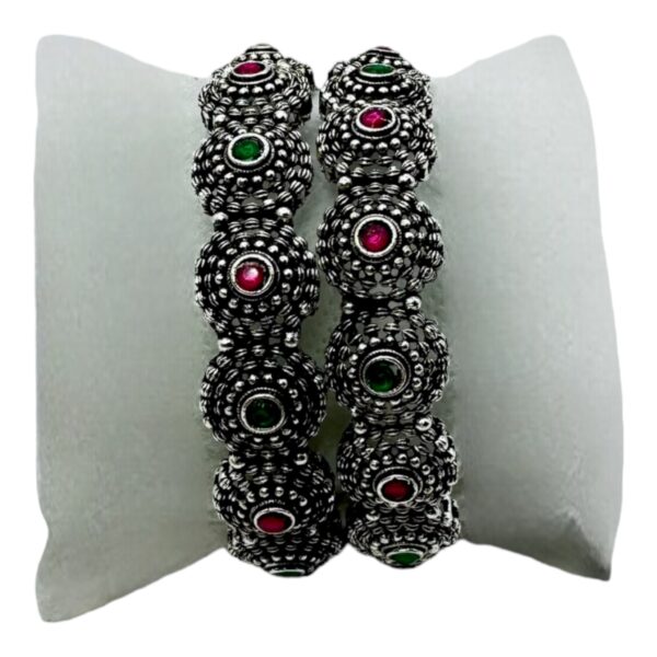 Black Silver- Ruby Color And Green Color Stones- 2 Bangles Set. Product Code:  V-1437