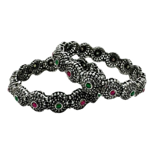 Black Silver- Ruby Color And Green Color Stones- 2 Bangles Set. Product Code:  V-1437 - Image 2