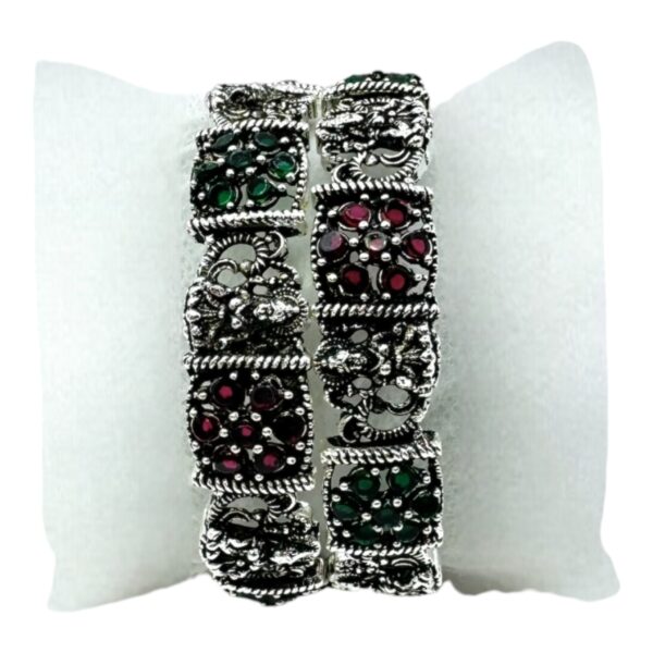 Black Silver- Lakshmi Design- Ruby Color And Green Color Stones- 2 Bangles Set. Product Code:  V-1438