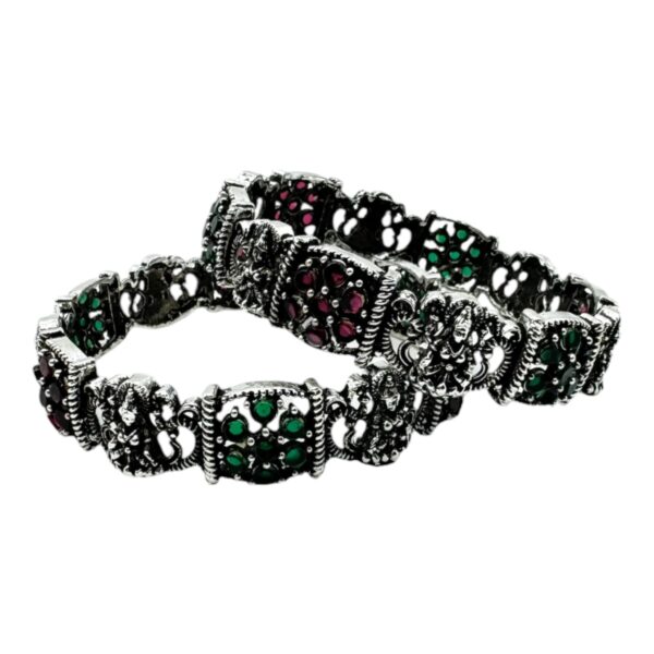 Black Silver- Lakshmi Design- Ruby Color And Green Color Stones- 2 Bangles Set. Product Code:  V-1438 - Image 2