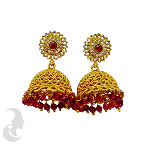 Gold Jhumka- Ruby Color & White Stones, Product Code: V-1062