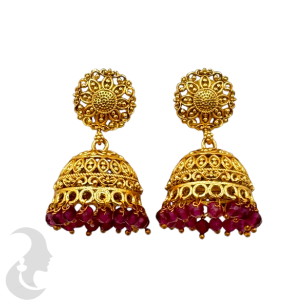 Gold Jhumka- Pink Hangings, Product Code: V-1063