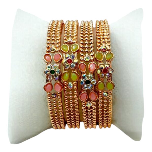 Rose Gold Bangles- Mint And Pink Stones- 4 Bangles Set. Product Code:  V-1443