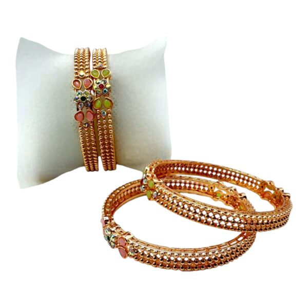 Rose Gold Bangles- Mint And Pink Stones- 4 Bangles Set. Product Code:  V-1443 - Image 2