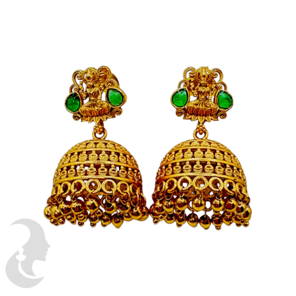 Premium Gold Lakshmi Jhumka- Green Color Stone, Product Code: V-1064