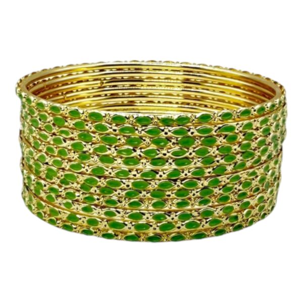 Fashion Gold Bangles- Green Color- 12 Bangles Set. Product Code:  V-1918 - Image 2