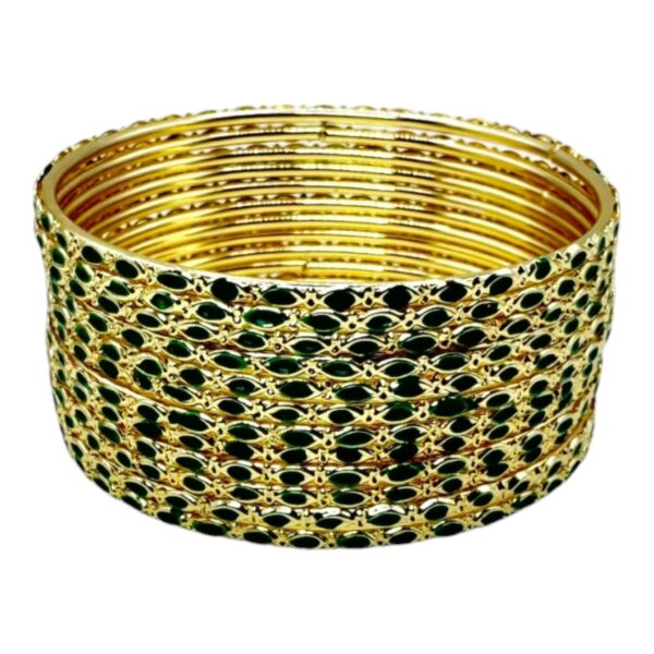 Fashion Gold Bangles- Dark Green Color Design- 12 Bangles Set. Product Code:  V-1919 - Image 2