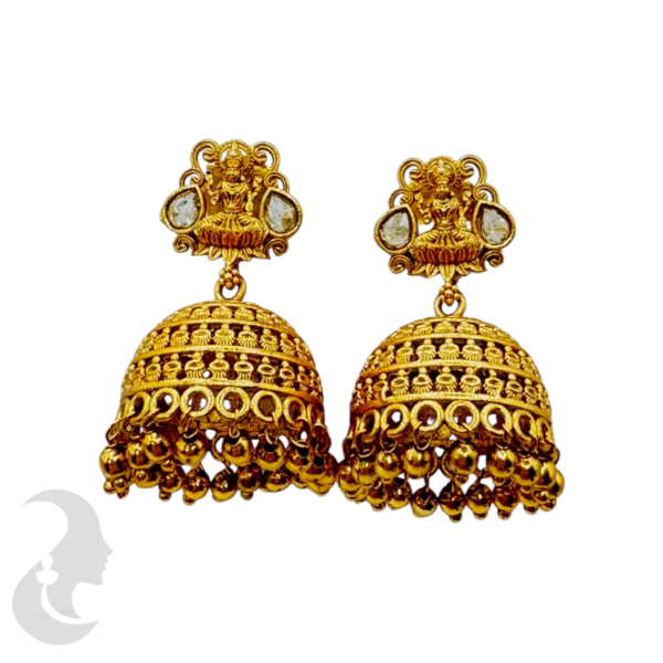 Premium Gold Lakshmi Jhumka- White Stone, Product Code: V-1065