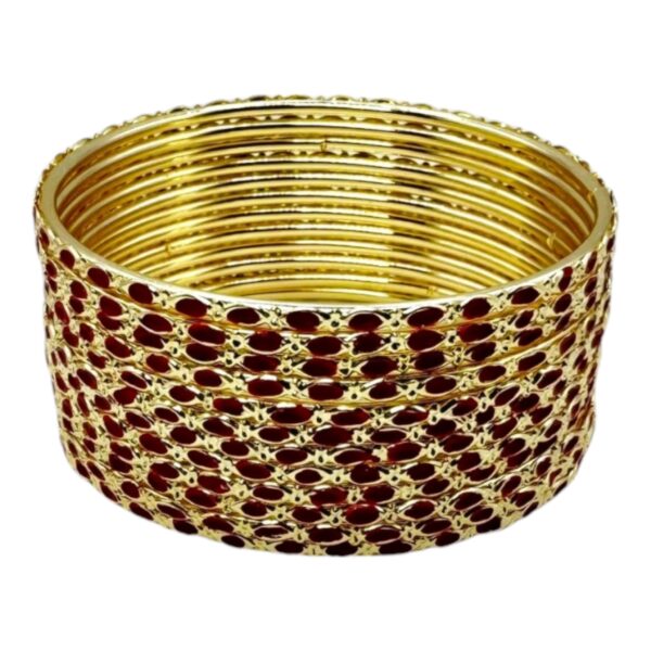 Fashion Gold Bangles- Dark Red Color- 12 Bangles Set. Product Code:  V-1924 - Image 2