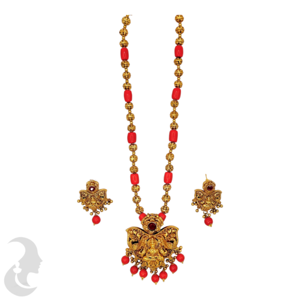 Mid Length Necklace- Lakshmi & Elephant Design Coral Necklace- Removable Pendant- Ruby Color Stone- Stud, Product Code: V-1448