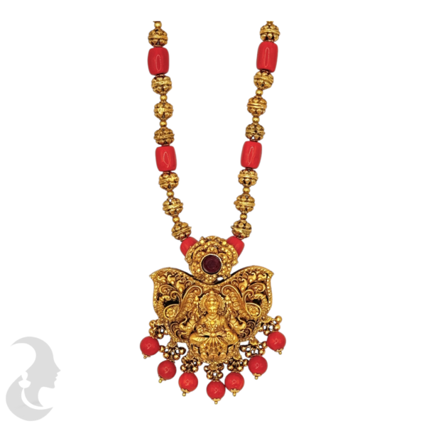 Mid Length Necklace- Lakshmi & Elephant Design Coral Necklace- Removable Pendant- Ruby Color Stone- Stud, Product Code: V-1448 - Image 2