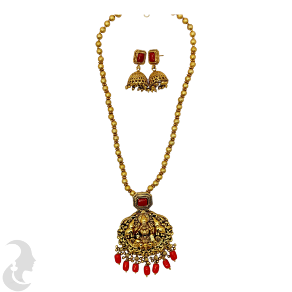 Mid Length Necklace- Lakshmi & Elephant Design Coral Necklace- Removable Pendant- Coral Stone- Jhumkas, Product Code: V-1449