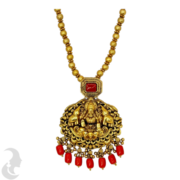 Mid Length Necklace- Lakshmi & Elephant Design Coral Necklace- Removable Pendant- Coral Stone- Jhumkas, Product Code: V-1449 - Image 2