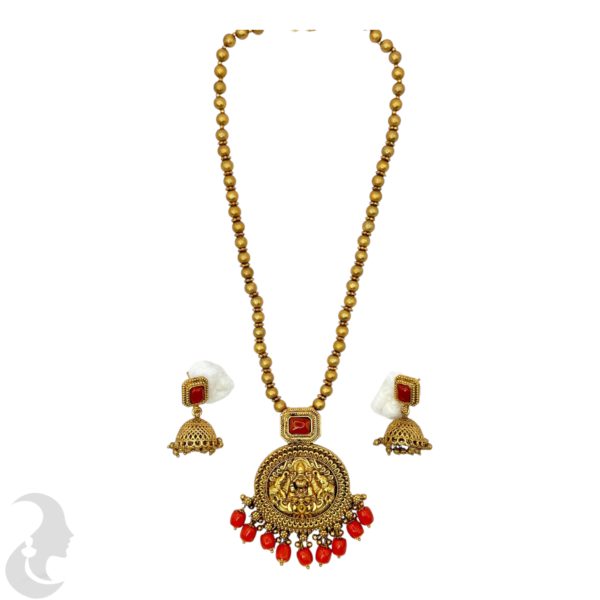 Mid Length Necklace- Lakshmi & Elephant Design Coral Necklace- Removable Pendant- Coral Stone- Jhumkas, Product Code: V-1450