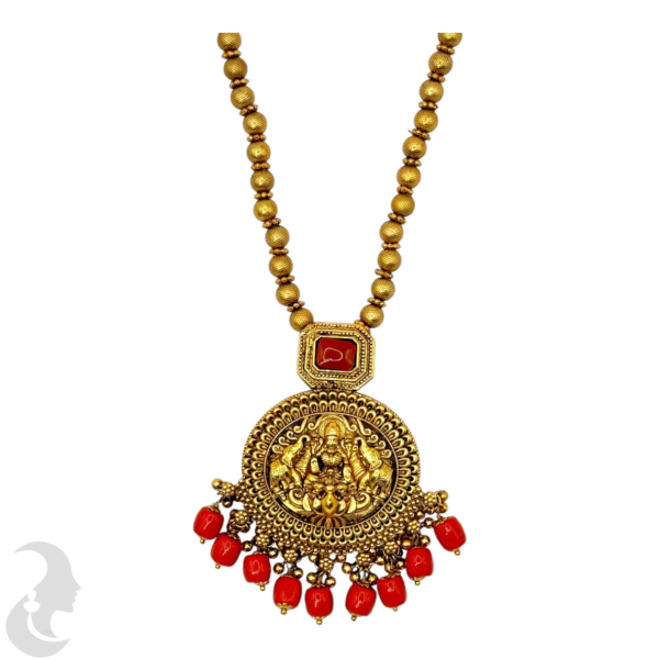 Mid Length Necklace- Lakshmi & Elephant Design Coral Necklace- Removable Pendant- Coral Stone- Jhumkas, Product Code: V-1450 - Image 2