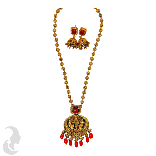 Mid Length Necklace- Lakshmi & Elephant Design Coral Necklace- Removable Pendant- Coral Stone- Jhumkas, Product Code: V-1451