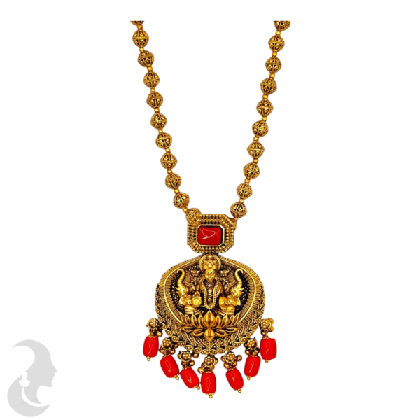 Mid Length Necklace- Lakshmi & Elephant Design Coral Necklace- Removable Pendant- Coral Stone- Jhumkas, Product Code: V-1451 - Image 2