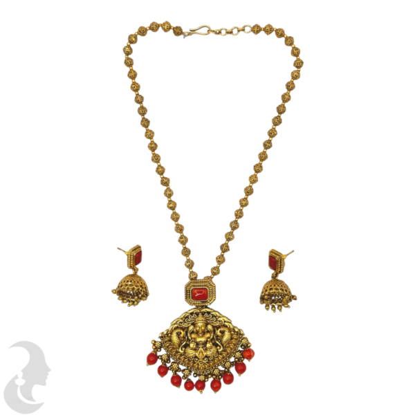 Mid Length Necklace- Lakshmi & Peacock Design Coral Necklace- Removable Pendant- Coral Stone- Jhumkas, Product Code: V-1452