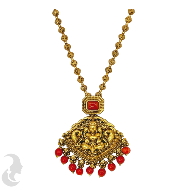 Mid Length Necklace- Lakshmi & Peacock Design Coral Necklace- Removable Pendant- Coral Stone- Jhumkas, Product Code: V-1452 - Image 2