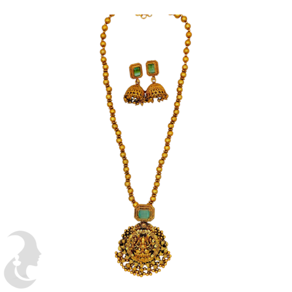 Mid Length Necklace- Lakshmi & Leaf Design- Mint Stone- Gold Beads Necklace- Jhumkas, Product Code: V-1453