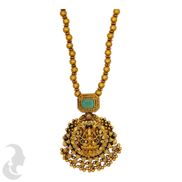 Mid Length Necklace- Lakshmi & Leaf Design- Mint Stone- Gold Beads Necklace- Jhumkas, Product Code: V-1453 - Image 2