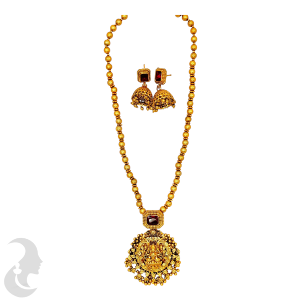 Mid Length Necklace- Lakshmi & Leaf Design- Ruby Color Stone- Gold Beads Necklace- Jhumkas, Product Code: V-1454