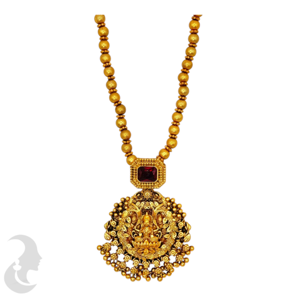 Mid Length Necklace- Lakshmi & Leaf Design- Ruby Color Stone- Gold Beads Necklace- Jhumkas, Product Code: V-1454 - Image 2