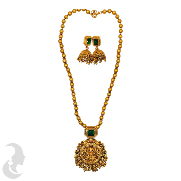 Mid Length Necklace- Lakshmi & Leaf Design- Green Color Stone- Gold Beads Necklace- Jhumkas, Product Code: V-1455