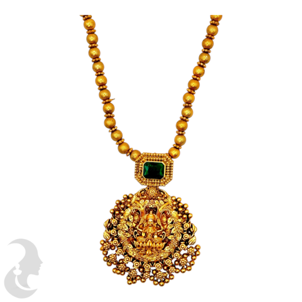 Mid Length Necklace- Lakshmi & Leaf Design- Green Color Stone- Gold Beads Necklace- Jhumkas, Product Code: V-1455 - Image 2