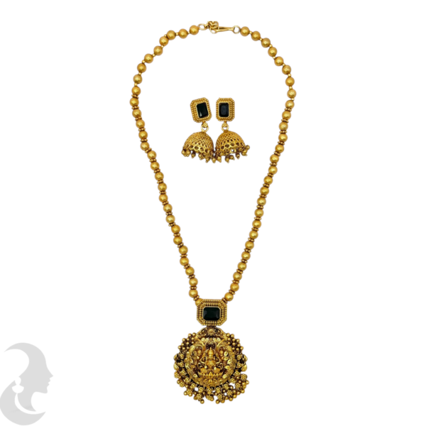 Mid Length Necklace- Lakshmi & Leaf Design- Black Stone- Gold Beads Necklace- Jhumkas, Product Code: V-1456