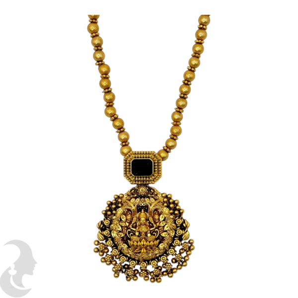 Mid Length Necklace- Lakshmi & Leaf Design- Black Stone- Gold Beads Necklace- Jhumkas, Product Code: V-1456 - Image 2