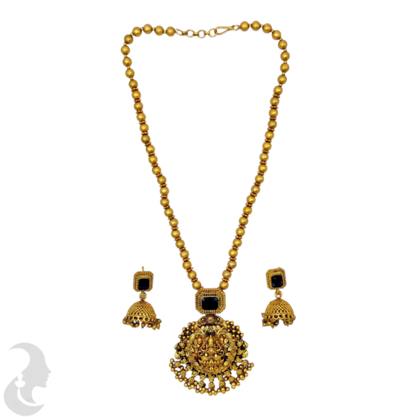 Mid Length Necklace- Lakshmi & Leaf Design- Dark Purple Stone- Gold Beads Necklace- Jhumkas, Product Code: V-1457