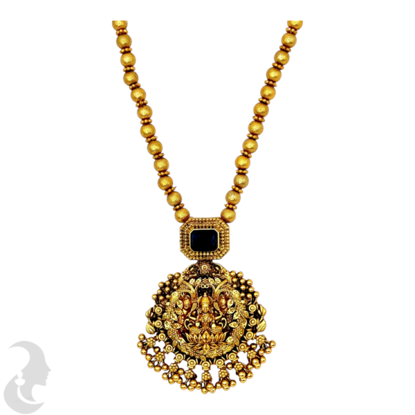 Mid Length Necklace- Lakshmi & Leaf Design- Dark Purple Stone- Gold Beads Necklace- Jhumkas, Product Code: V-1457 - Image 2