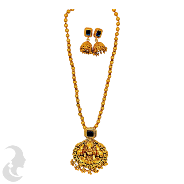 Mid Length Necklace- Lakshmi & Elephant Design- Black Stone- Gold Beads Necklace- Jhumkas, Product Code: V-1458