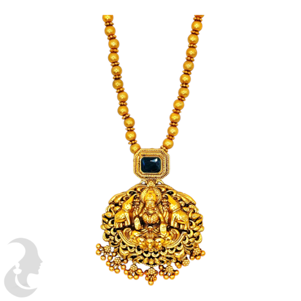 Mid Length Necklace- Lakshmi & Elephant Design- Black Stone- Gold Beads Necklace- Jhumkas, Product Code: V-1458 - Image 2