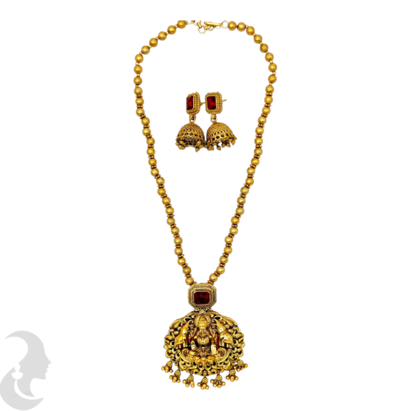 Mid Length Necklace- Lakshmi & Elephant Design- Ruby Color Stone- Gold Beads Necklace- Jhumkas, Product Code: V-1459