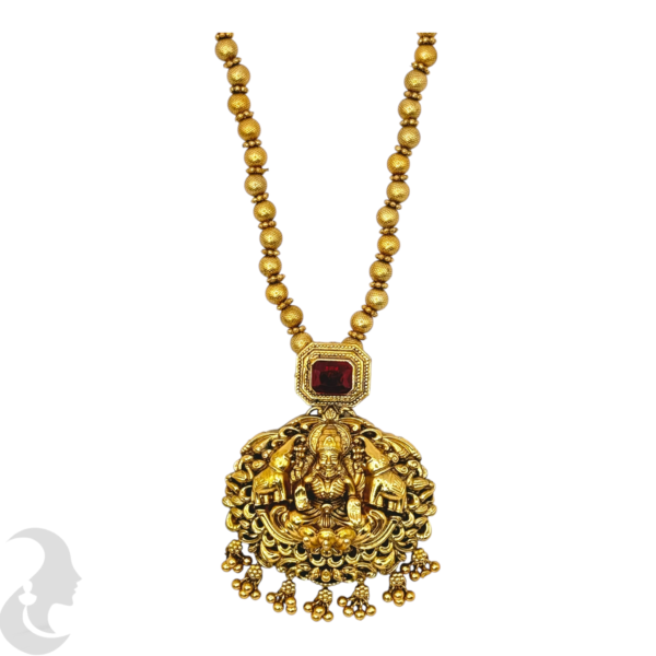 Mid Length Necklace- Lakshmi & Elephant Design- Ruby Color Stone- Gold Beads Necklace- Jhumkas, Product Code: V-1459 - Image 2