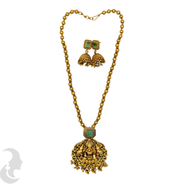 Mid Length Necklace- Lakshmi & Elephant Design- Mint Stone- Gold Beads Necklace- Jhumkas, Product Code: V-1460