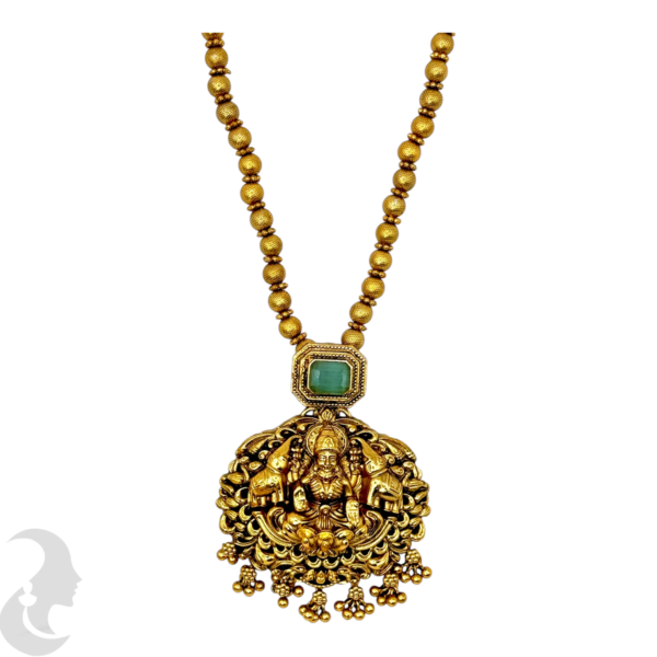 Mid Length Necklace- Lakshmi & Elephant Design- Mint Stone- Gold Beads Necklace- Jhumkas, Product Code: V-1460 - Image 2