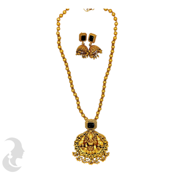 Mid Length Necklace- Lakshmi & Elephant Design- Dark Purple Stone- Gold Beads Necklace- Jhumkas, Product Code: V-1461