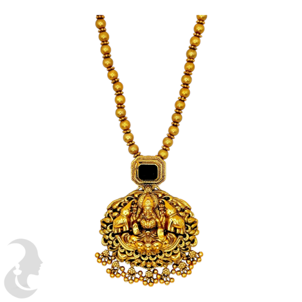 Mid Length Necklace- Lakshmi & Elephant Design- Dark Purple Stone- Gold Beads Necklace- Jhumkas, Product Code: V-1461 - Image 2